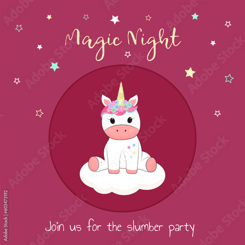 Card invitation for slumber party with cute unicorn, stars, cloud for babe