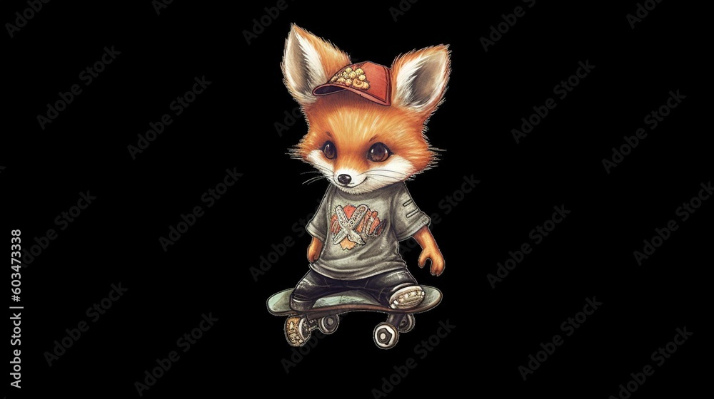  a red fox is sitting on a skateboard with a hat on it's head and eyes closed, with a skateboard in front of its paws.  generative ai