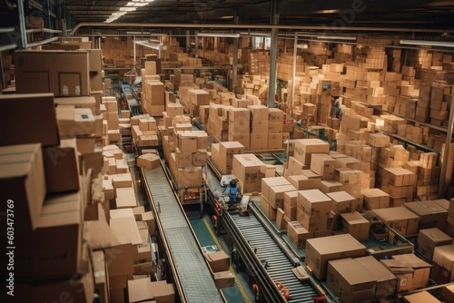 Conveyor Belt Cardboard Boxes in Warehouse. AI