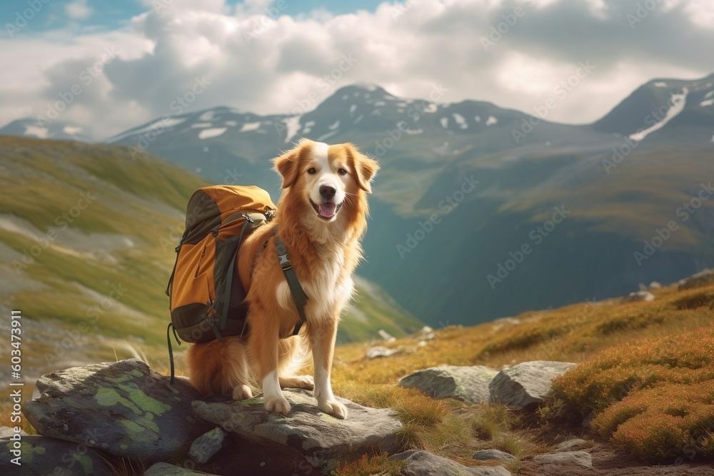 Mountain Trekking Dog with Backpack. AI