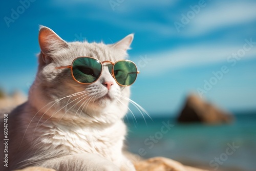 Cool Cat with Sunglasses on the Beach. AI