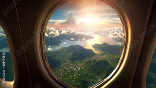 Beautiful landscape view trough window of airplane, Breathtaking view of town and cloudless sundown sky behind window of aircraft during flight