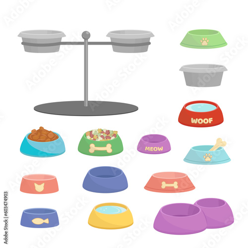 Set of pet bowls. Colorful bowl for dog, cat, other pet. Flat, cartoon, vector