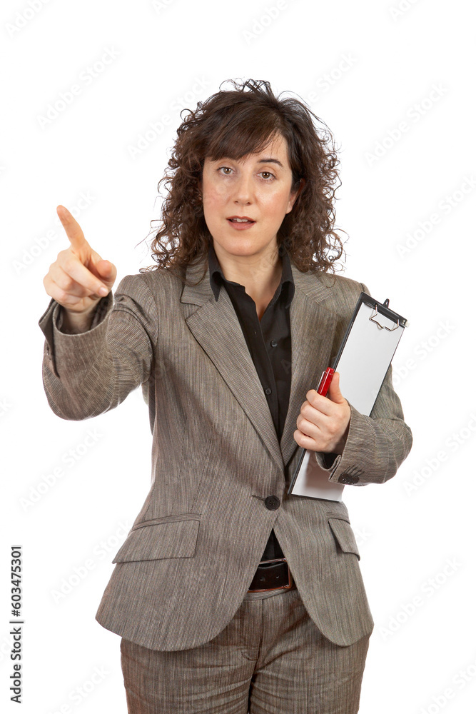 Businesswoman pointing with the finger over a white background Businesswoman pointing with the finger over a white background
