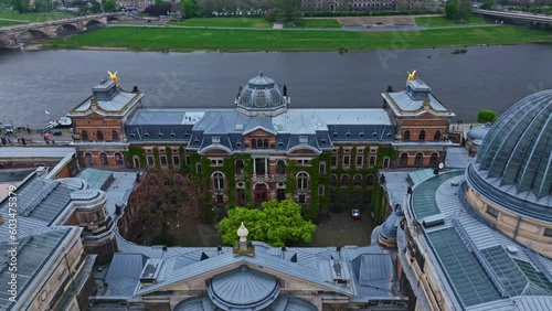 Drone shot of the Kunsthalle in Lipsius building, known and crowned as the art academy, on the Brühlsche Terrasse, where the Dresden University of Fine Arts is also located . Dresden , Germany photo