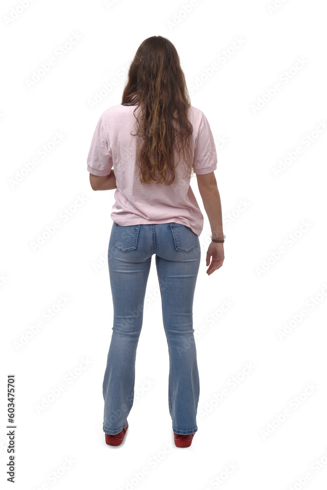 back view of a young girl standing with on white background back view of a young girl standing with on white background