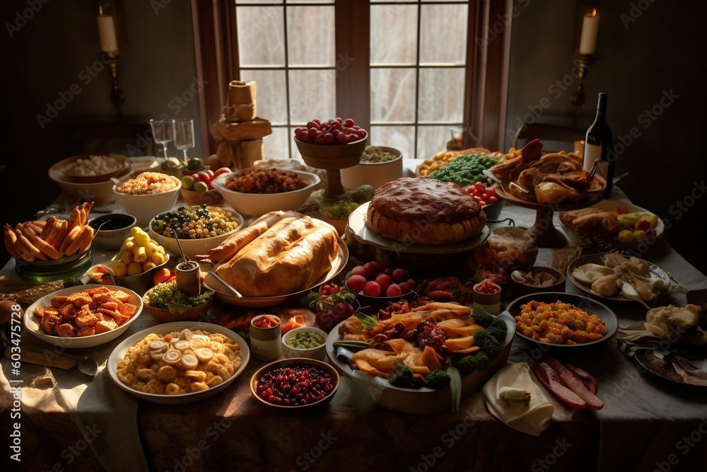 Bountiful Thanksgiving Feast on Table. AI
