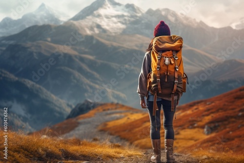Backpacker Woman in Mountain Landscape. Generative AI
