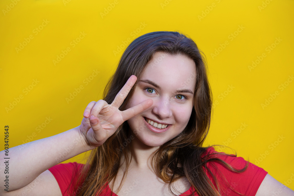 Fototapeta premium Closeup photo of amazing lady looking up empty space thinking creative person wear casual isolated yellow color background