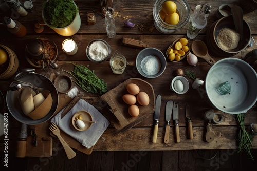 View from above of a wooden table with tools and kitchen utensils for cooking a cake