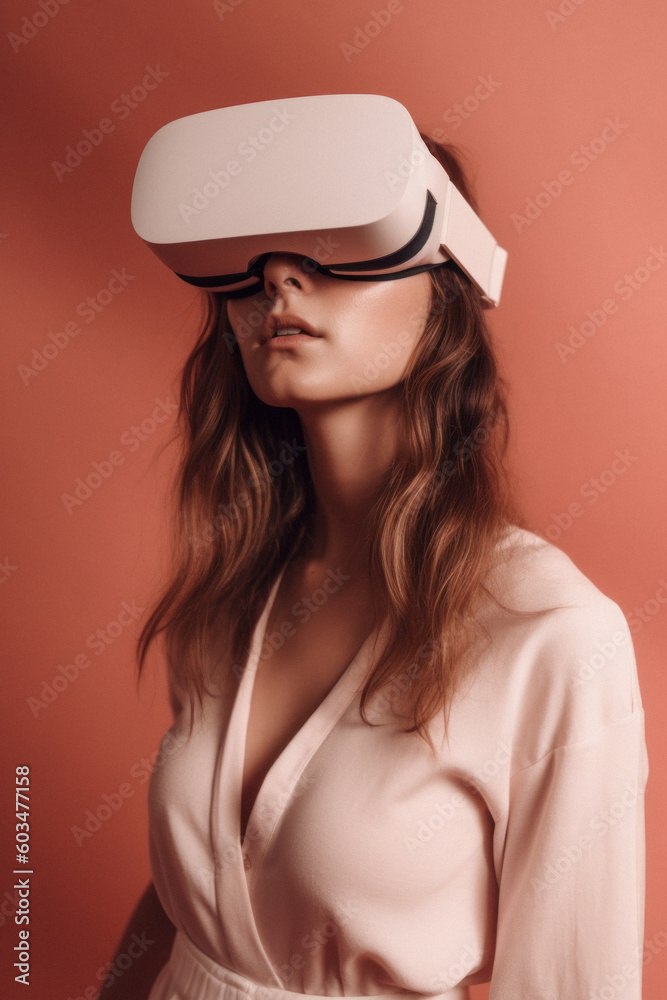 Futuristic technology concept of a young beautiful cyber girl with VR glasses, a beauty who lives and goes through virtual reality. Generative AI. Futuristic technology concept of a young beautiful cyber girl with VR glasses, a beauty who lives and goes through virtual reality. Generative AI.