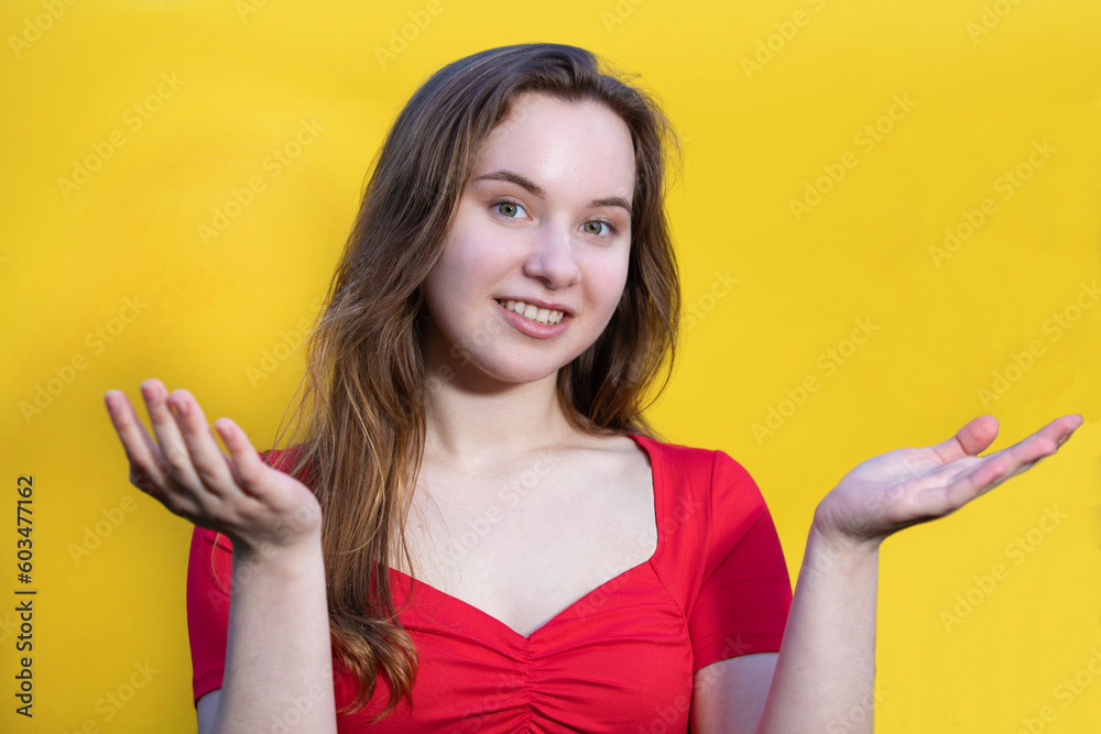 Closeup photo of amazing lady looking up empty space thinking creative person wear casual isolated yellow color background