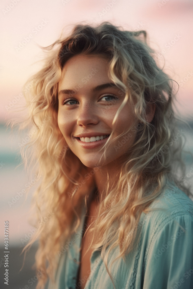Portrait of a beautiful young girl enjoying a hot sunny day, summer day on the beach. Hot sand on the seashore. Generative AI.