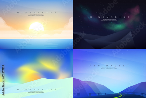 Vector illustration. Flat triangle landscapes. Colorful backgrounds set. Misty sunlights by water, aurora borealis, northern lights, road by hills, mountains . Design for web banner, website template