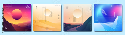 Vector illustration. Retro gradient colorful concet. Evening sunset scene, desert hills, road by mountains. Flat triangle landscapes. Color backgrounds set. Design for web banner, website template