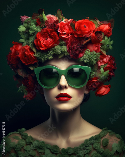 Vintage portrait of a young beautiful girl wearing a wreath of flowers and branches on her head. Rustic, alternative abstract lady costume. Generative AI.