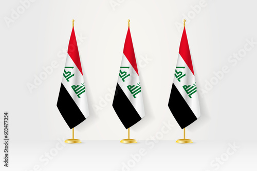 Three Iraq flags in a row on a golden stand, illustration of press conference and other meetings.