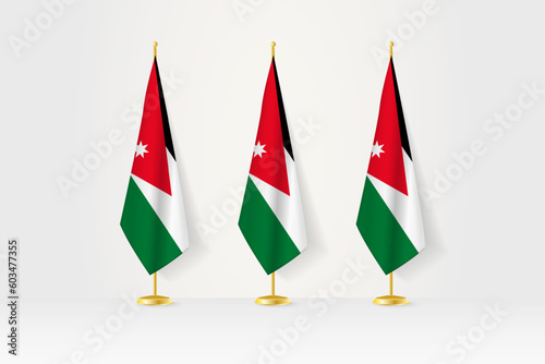 Three Jordan flags in a row on a golden stand, illustration of press conference and other meetings.