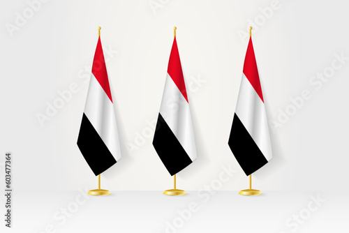 Three Yemen flags in a row on a golden stand, illustration of press conference and other meetings.