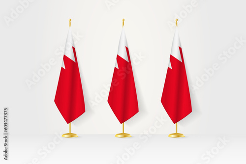 Three Bahrain flags in a row on a golden stand, illustration of press conference and other meetings.