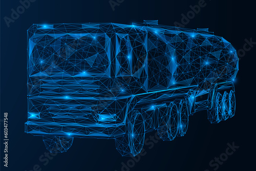 Tanker truck, cargo transportation of fuel. Low-poly design of lines and dots. Blue background.