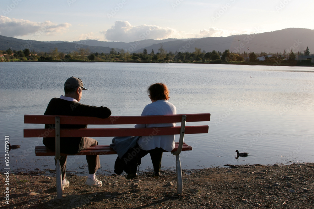 Older couple resting in the park, watching the ducks Older couple resting in the park, watching the ducks