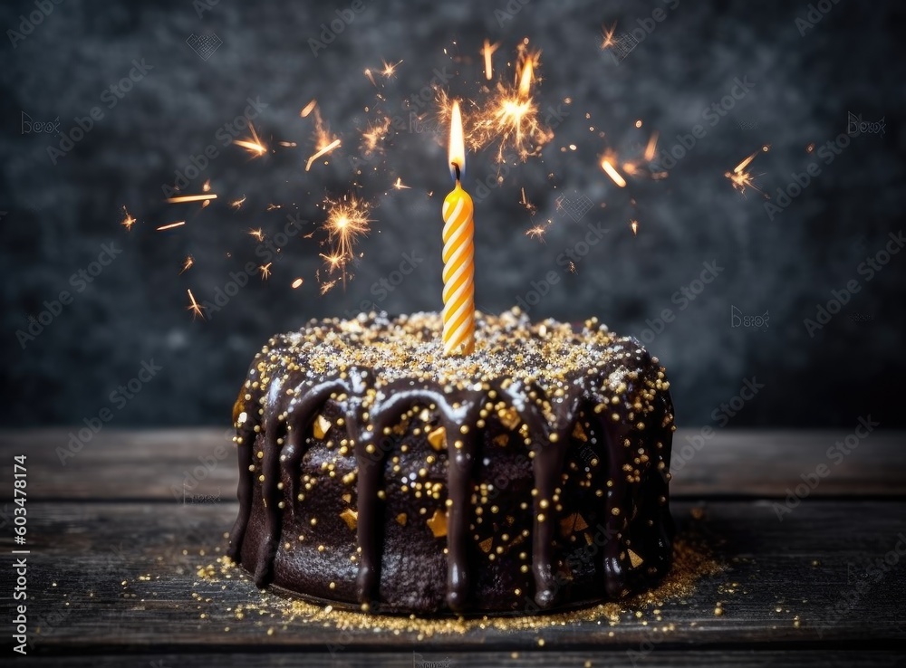Chocolate birthday cake with gold candles created with Generative AI