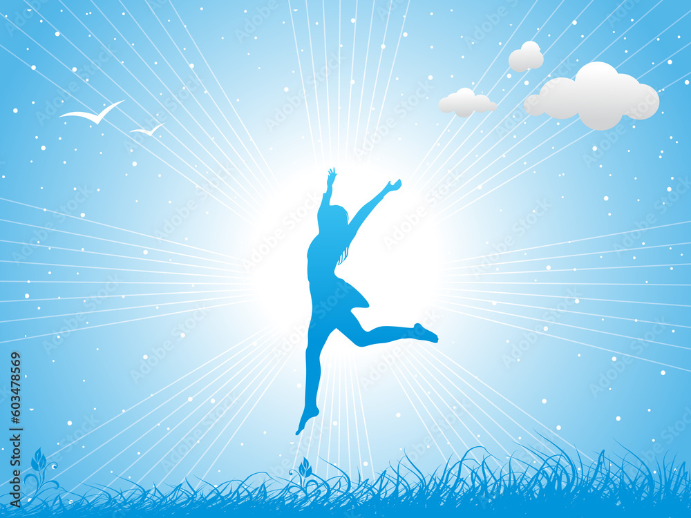 Girl jumping against the blue sky