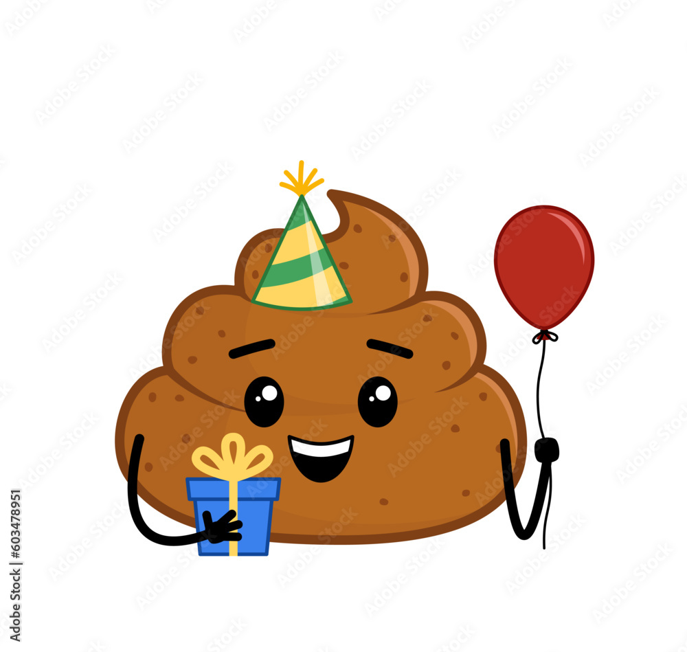 Fototapeta premium Poop with gift and balloon. Happy Birthday. Character, icon, face. Kawaii cartoon vector