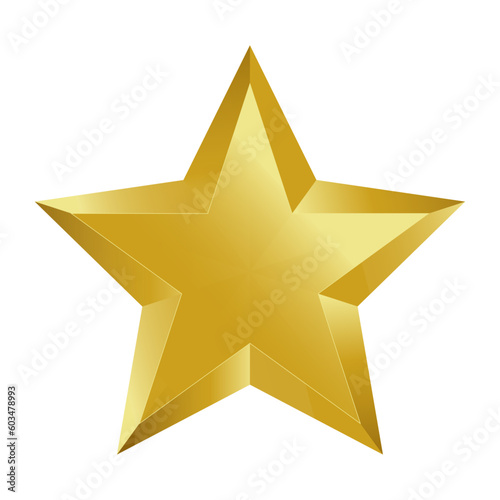 3d golden five-pointed star. Flat surface. Isolated. White background. 