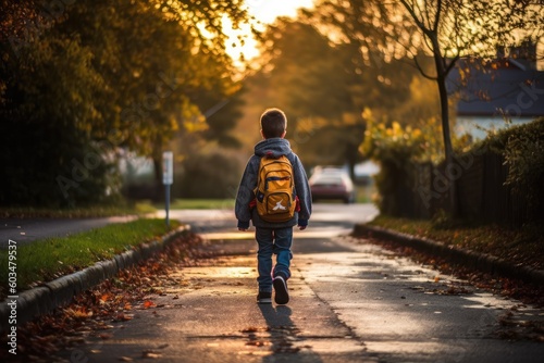 Little boy walking back to school from behind. Generative AI