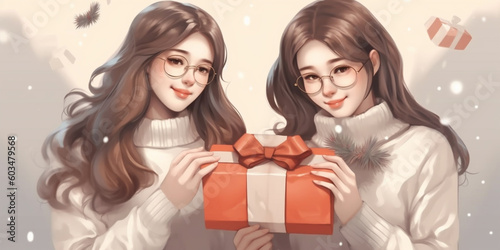 Beautiful young girls holding together christmas gift box with red bow, giving gift for christmas. Christmas holidays concept, festive traditions. AI Generative.