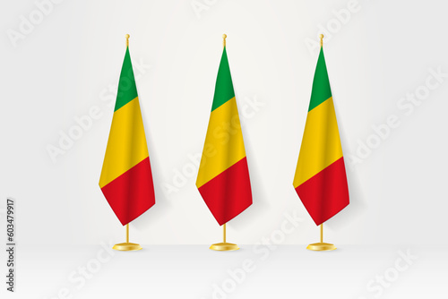 Three Mali flags in a row on a golden stand, illustration of press conference and other meetings.