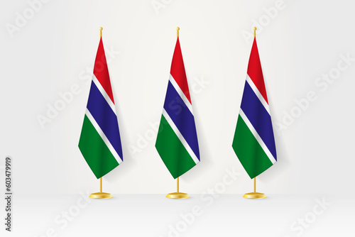 Three Gambia flags in a row on a golden stand, illustration of press conference and other meetings.