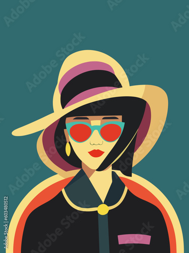 Illustration of a trendy woman with a colorful hat and sun glasses