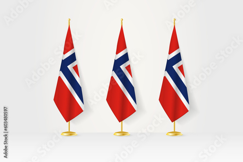 Three Norway flags in a row on a golden stand, illustration of press conference and other meetings.