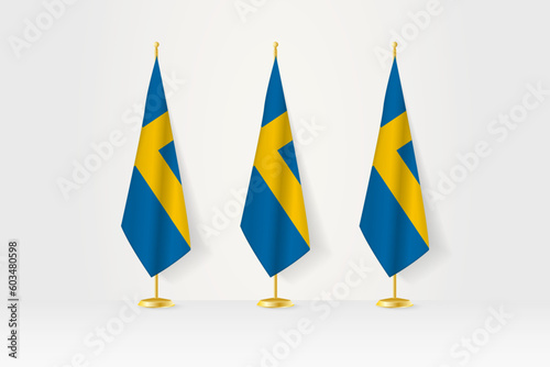 Three Sweden flags in a row on a golden stand, illustration of press conference and other meetings.