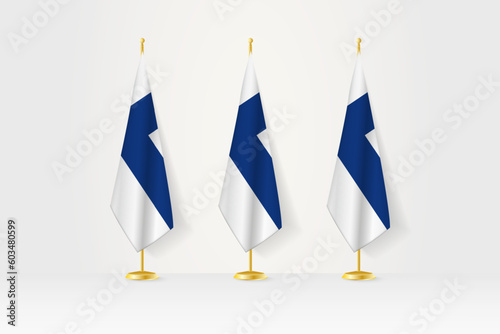 Three Finland flags in a row on a golden stand, illustration of press conference and other meetings.