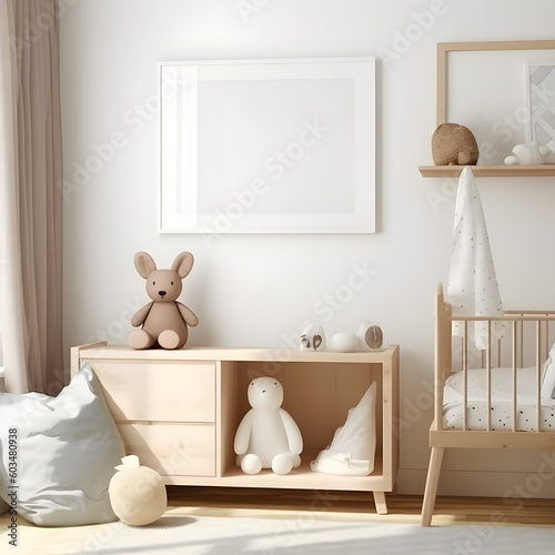 wall art mockup for use in a kids play room, small cabinet and stuffed toys with a cot to the side 