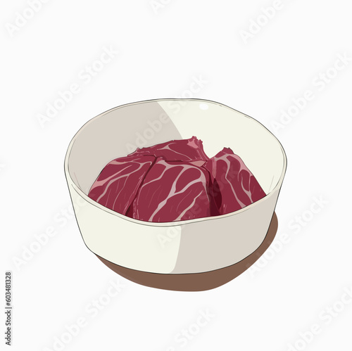 Illustration of red meat in a white bowl