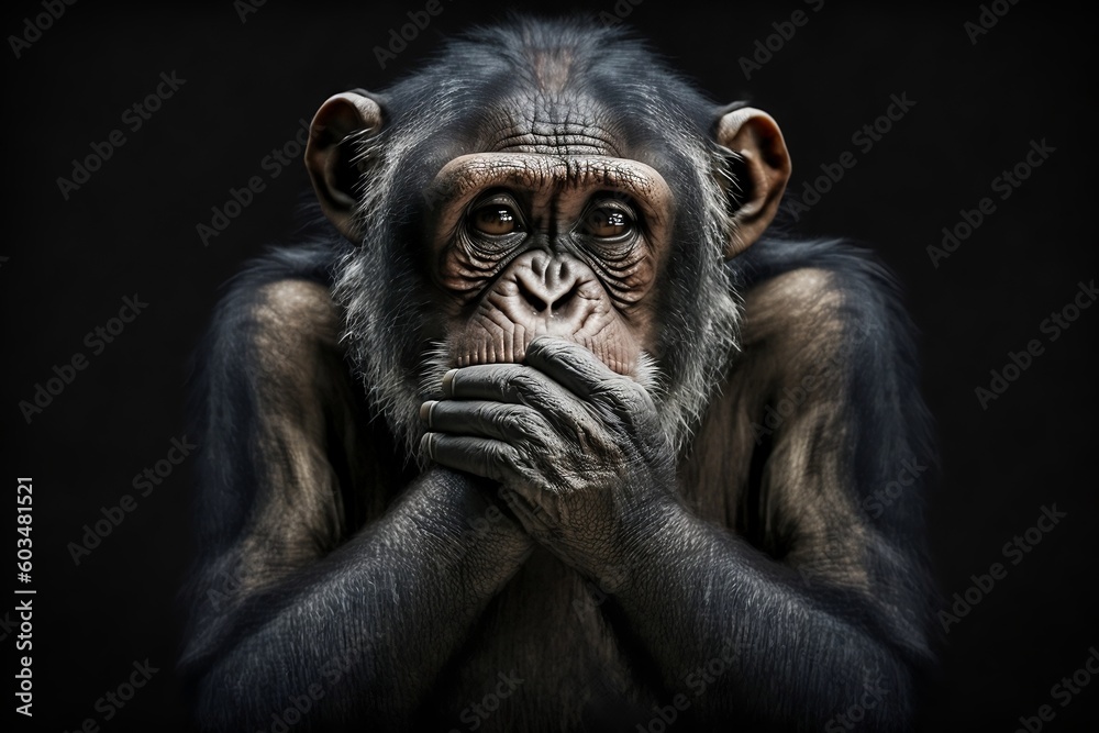 Mysterious Chimpanzee Hand on Face Against Dark Background. AI
