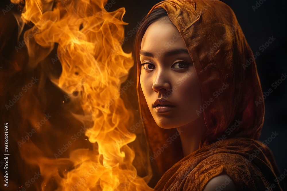 The image shows an image of an asian woman with fire, in the style of epic portraiture. Generative AI.
