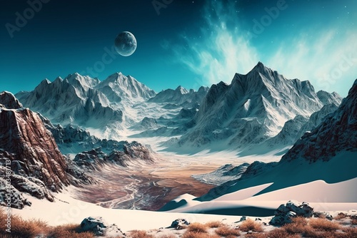 Snowy Mountain Range Majestic Peaks and Expansive Sky. AI