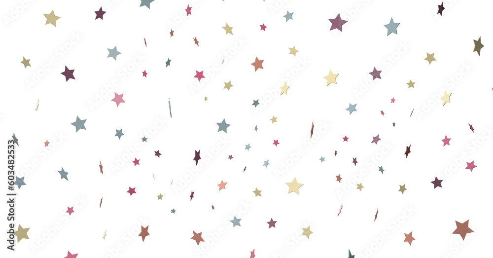 colorful stars background, sparkle lights confetti falling. magic shining Flying christmas stars on night