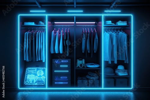 Digital Closet, AI Fashion Assistant. AI apps for Wardrobe and Outfit Planning. Blue neon modern wardrobe with clothes. AI generative