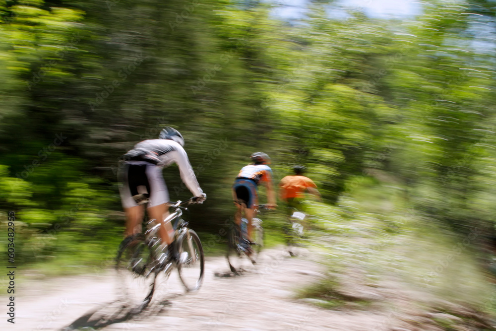 Blurred panning shot of three mountain bikers riding through the forest. Blurred panning shot of three mountain bikers riding through the forest.