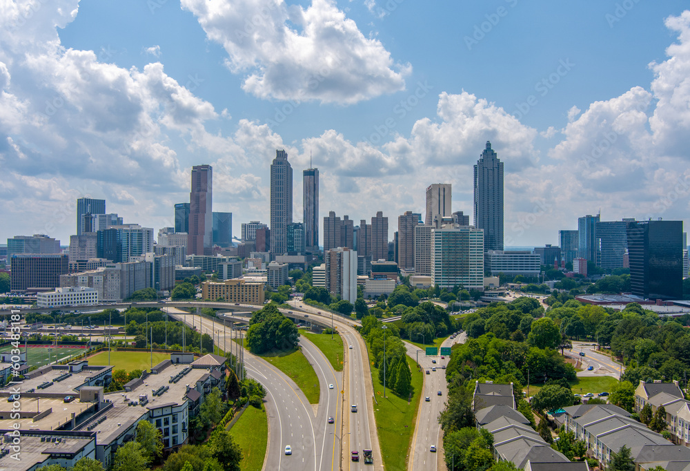 The downtown Atlanta skyline from above the Jackson Street Bridge on a sunny day