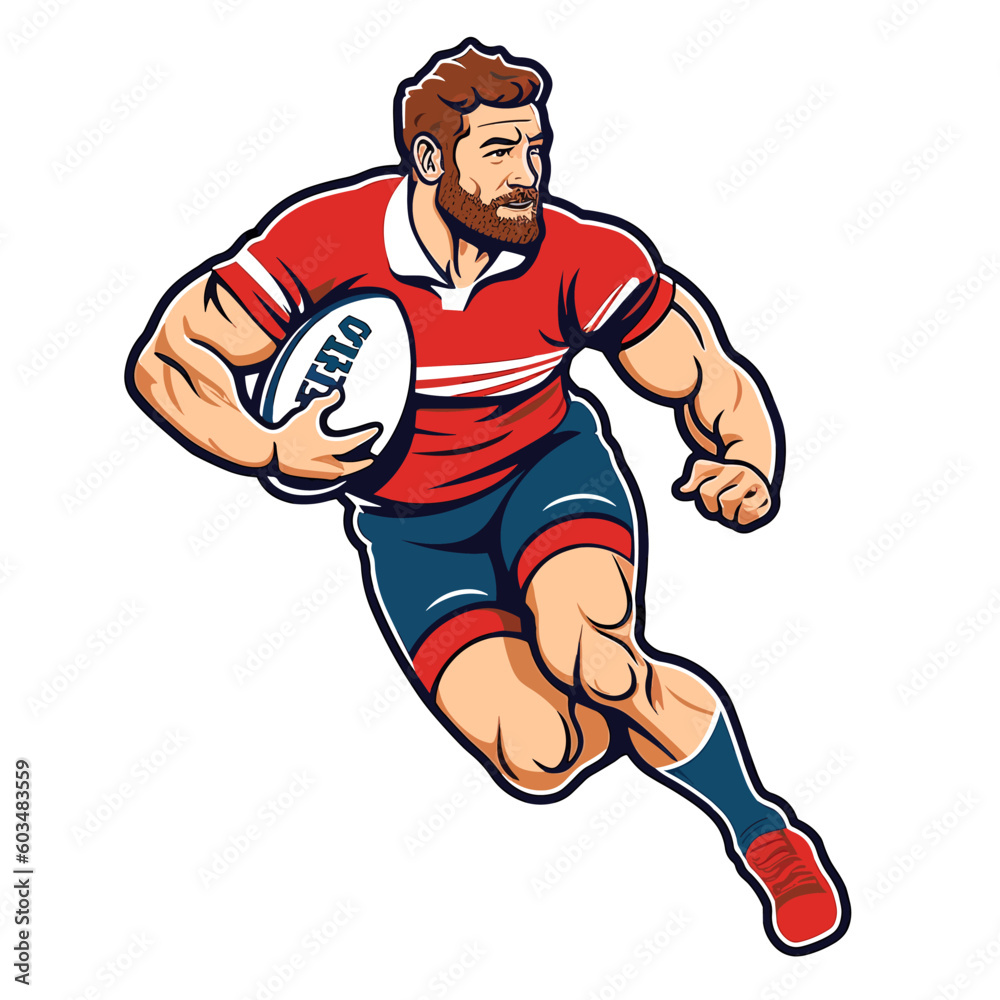 The silhouette of one caucasian rugby men's player isolated on white background. cartoon vector illustration, label, sticker The silhouette of one caucasian rugby men's player isolated on white background. cartoon vector illustration, label, sticker