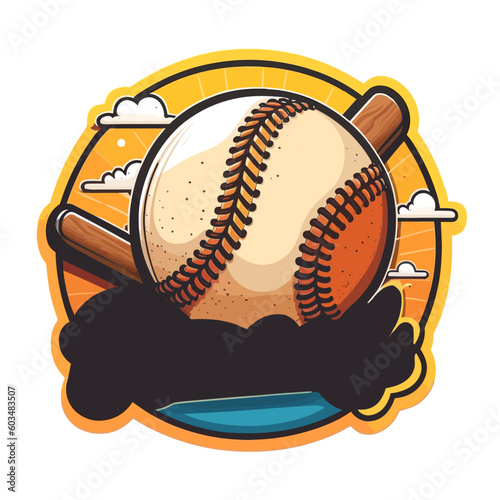 Baseball and bat in the background of a circular emblem. Design for team badge. cartoon vector illustration, label, sticker
