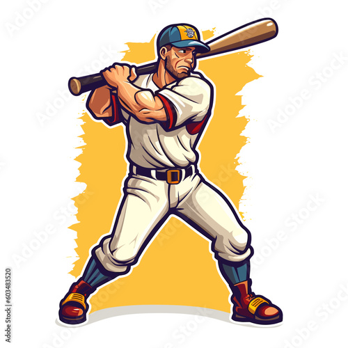 Professional baseball player in action. cartoon vector illustration, isolated background, label, sticker